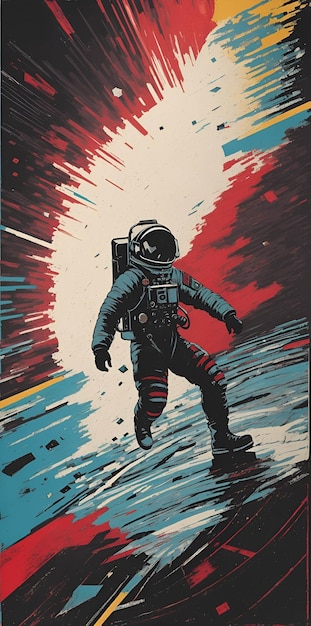 An illustration of an astronaut with a red background and the word space on it.