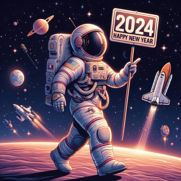 2024년 새해를 환영하는 표지판을 들고 있는 우주비행사의 일러스트레이션