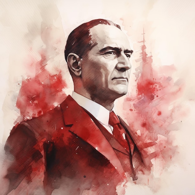 Photo illustration of ataturk watercolor painting red and white