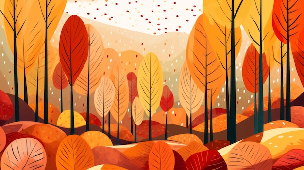 an illustration of an autumn forest with colorful leaves