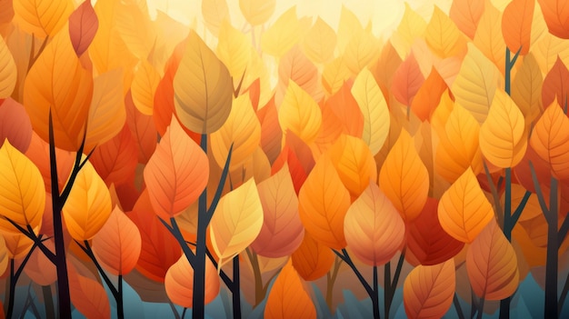 An illustration of an autumn forest with orange and yellow leaves