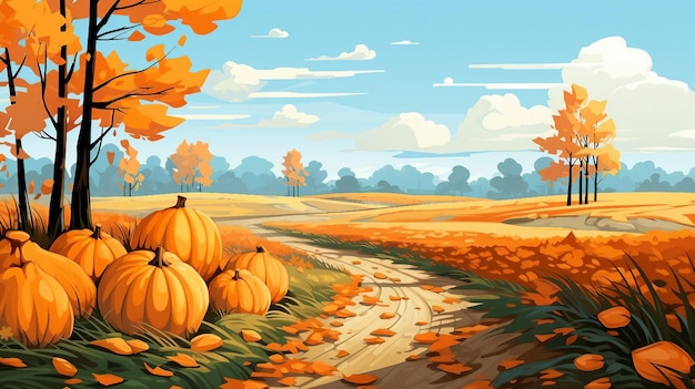 Photo an illustration of an autumn landscape with pumpkins and trees ai generated