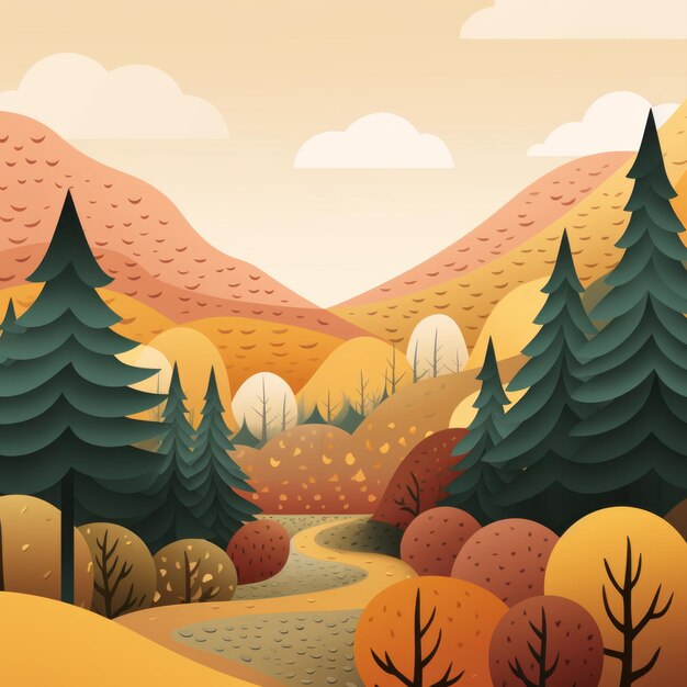 an illustration of an autumn landscape with trees and mountains