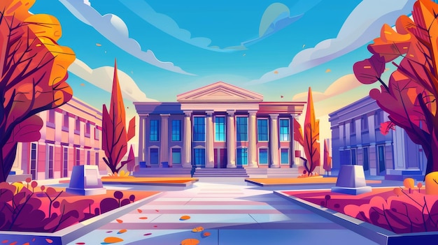 Illustration of autumn landscape with a university building college building high school building or public library