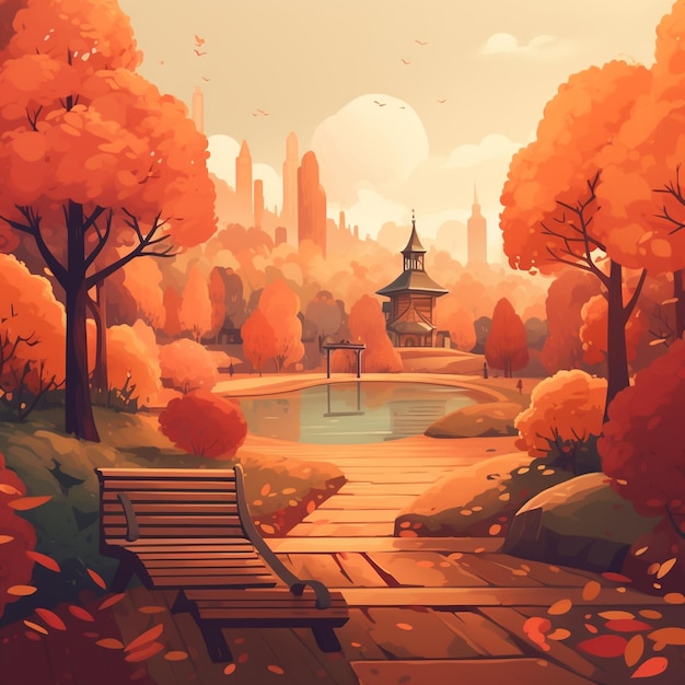 Illustration of a autumn park capturing the picturesque beauty cartoon scenery landscape