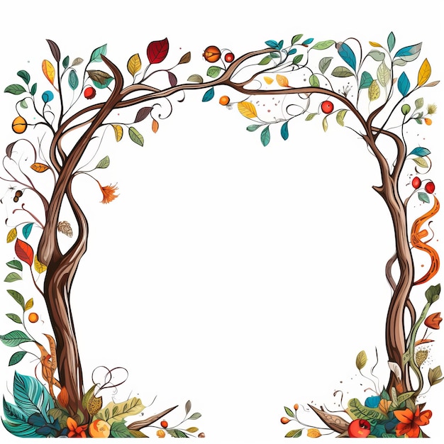 an illustration of an autumn tree frame with leaves and flowers