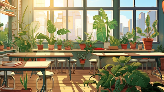 Illustration for Back to School classroom with tables and plants