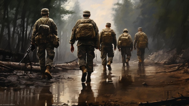 Illustration of back view crop group of soldiers AI generative