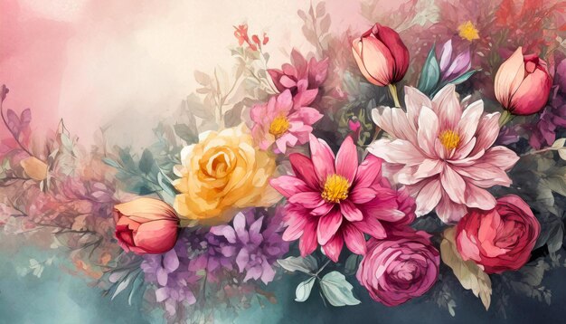 絵画の背景は色とりどりの花トップビューはファッショナブルなアートピンクの明るい色