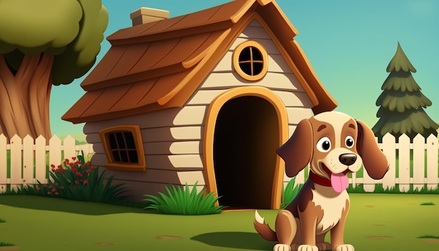 Photo illustration background cute dog in front of a dog house