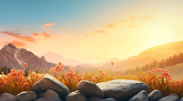 Photo illustration background of landscape with sunset and rock