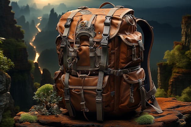 illustration of a backpack is shown with some small mountains