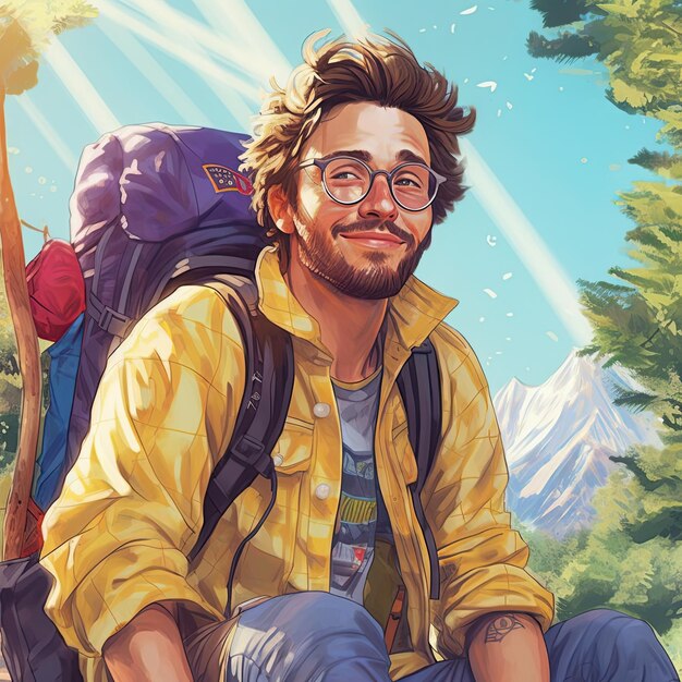 Illustration of a backpacker man and abstract art AI Generated