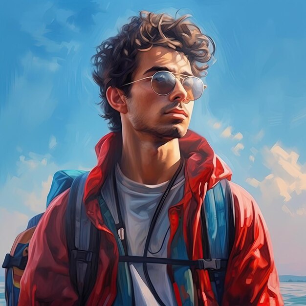 Illustration of a backpacker man and abstract art AI Generated