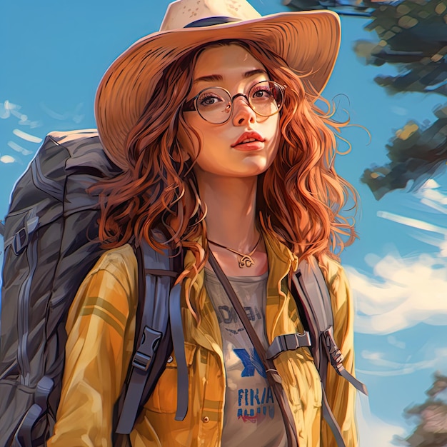 Illustration of a backpacking girl and abstract art AI Generated