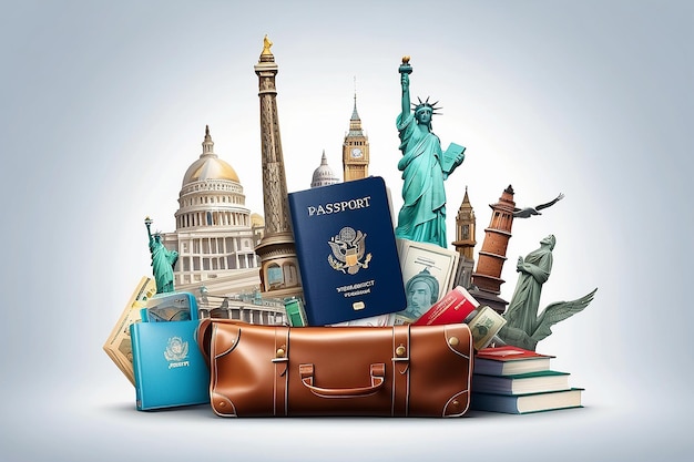 Photo illustration of a bag full of famous monument with passport traveling