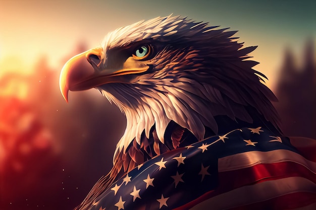 Illustration of bald eagle symbol with United States of America flag AI