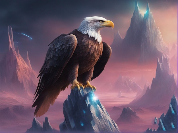 An illustration of a bald eagle with a sunset in the background.