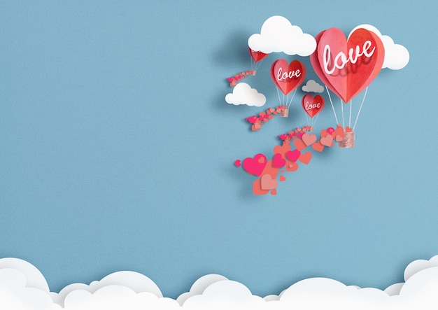 Illustration of balloons in the shape of hearts flying in the sky.
