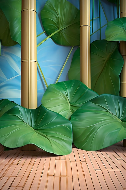 Illustration of a bamboo and green leaves on a wooden floor background