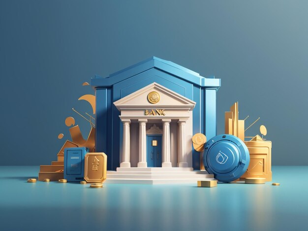 Illustration of Bank Building Icon with Safe