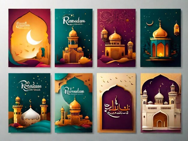 Photo illustration of banner template for eid with message in arabic urdu meanig ramadan mubarak