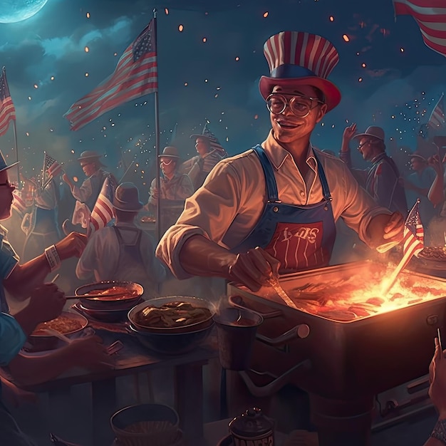 Иллюстрация барбекю и фейерверков с поздравительной открыткой ко Дню независимости США