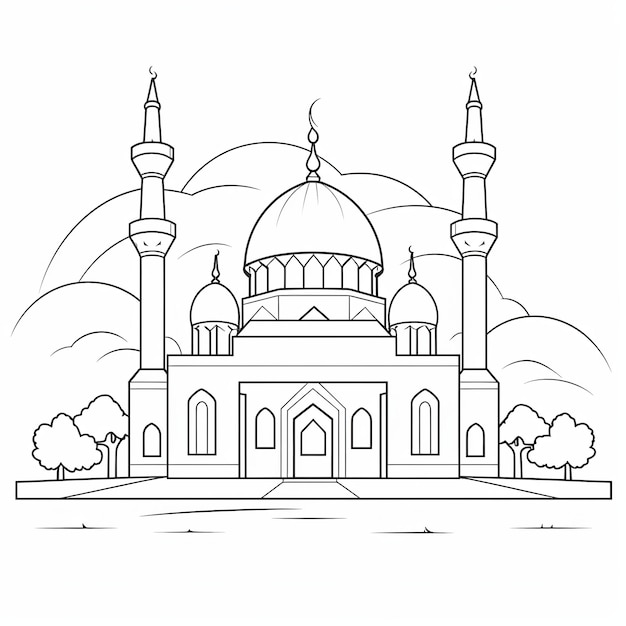 illustration of basic small simple mosque scenery easy to colour