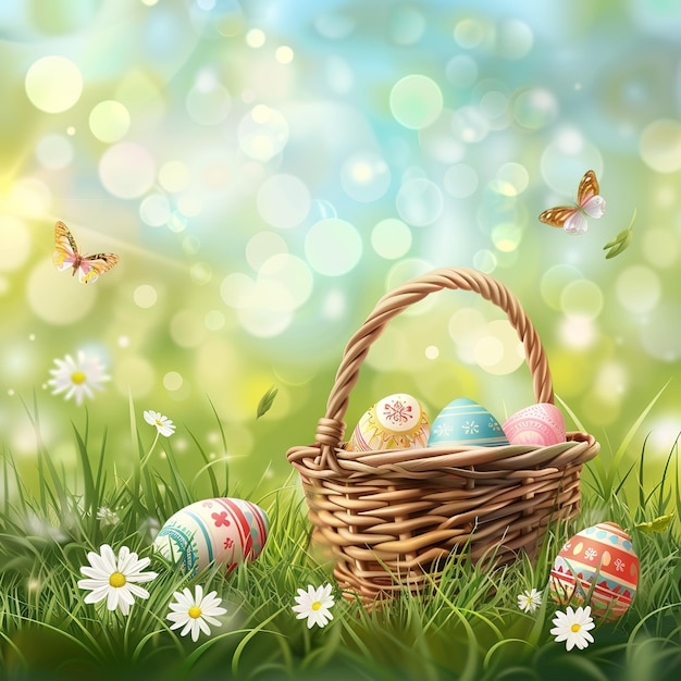 illustration basket of colorful egg with flowers and butterfly for celebrate easter