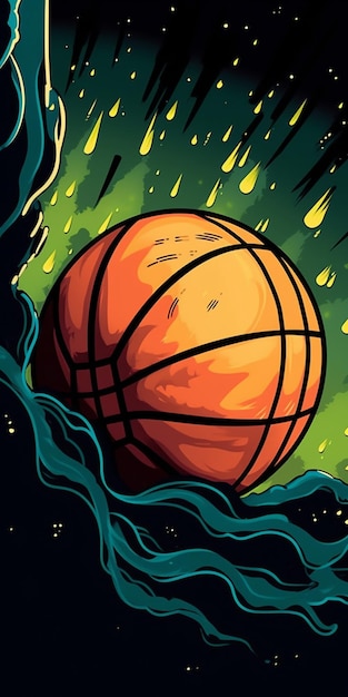 Illustration of a basketball ball in the air with a trail of fire coming out of it generative ai