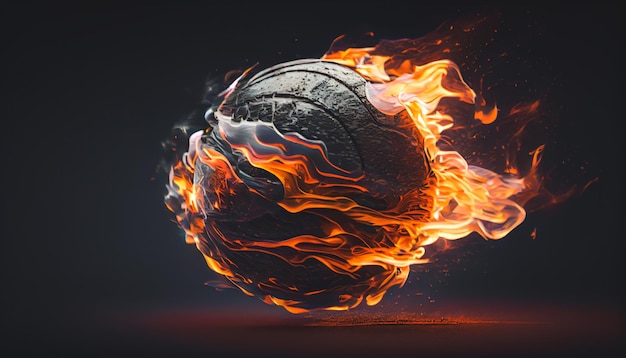 Иллюстрация баскетбольного мяча, окутанного пламенем черного фона