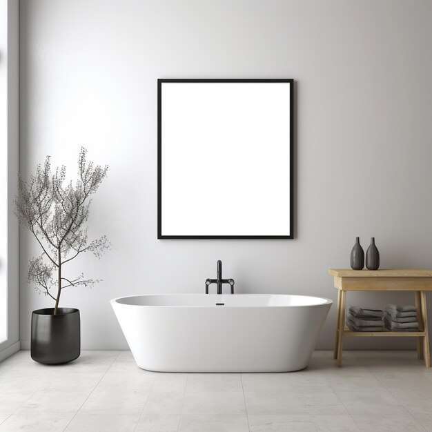 Photo illustration of bathroom blank white wall frame no images no text