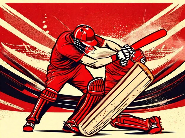 Illustration of batsman in cricket game on red background banner