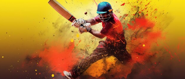 Иллюстрация игрока с битой в игре в крикет на акварельном фоне баннера Ai Generated