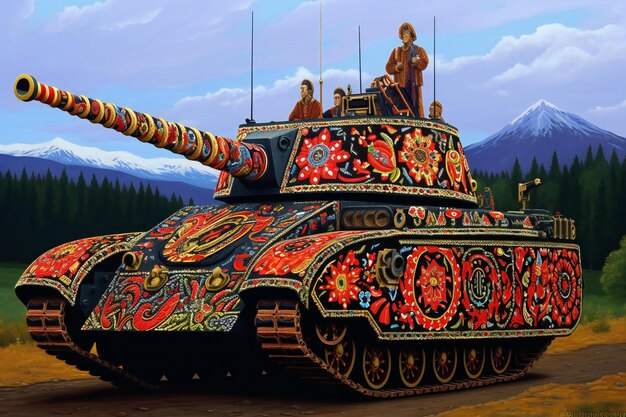 Photo illustration of a battle tank in the mountains against the background of the sky