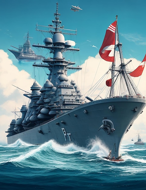 Illustration battleship in the sea with background