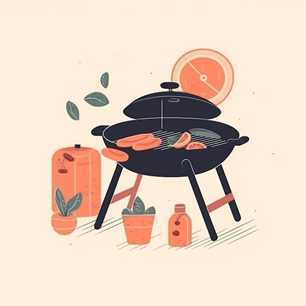 Photo illustration of a bbq with a grill and a potted plant generative ai