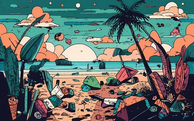 illustration of a beach polluted by rubbish