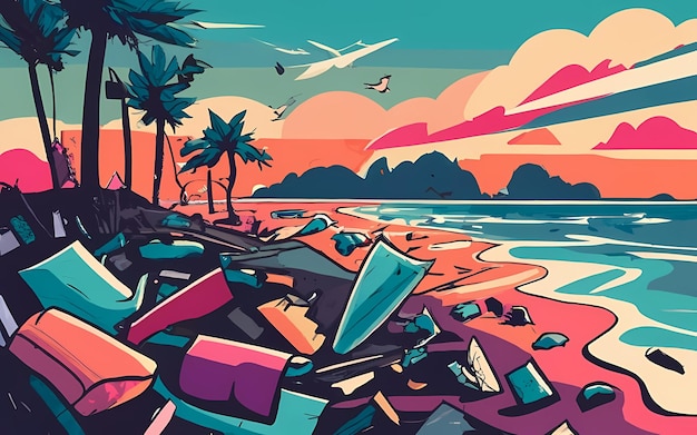 illustration of a beach polluted by rubbish