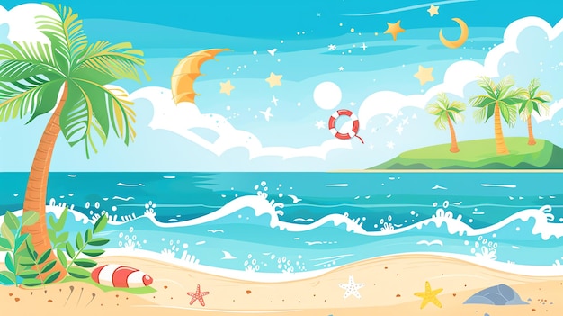 Photo an illustration of a beach scene with palm trees and blue water