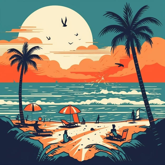 illustration of a beach scene with people sitting on the sand and palm trees generative ai