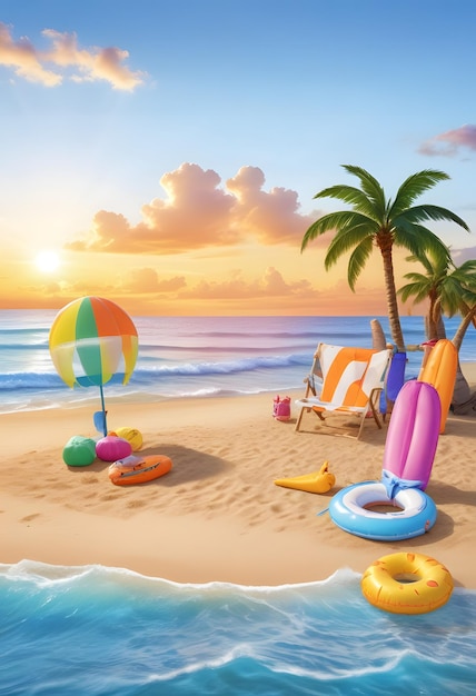 illustration of a beach with a beach chair and palm trees