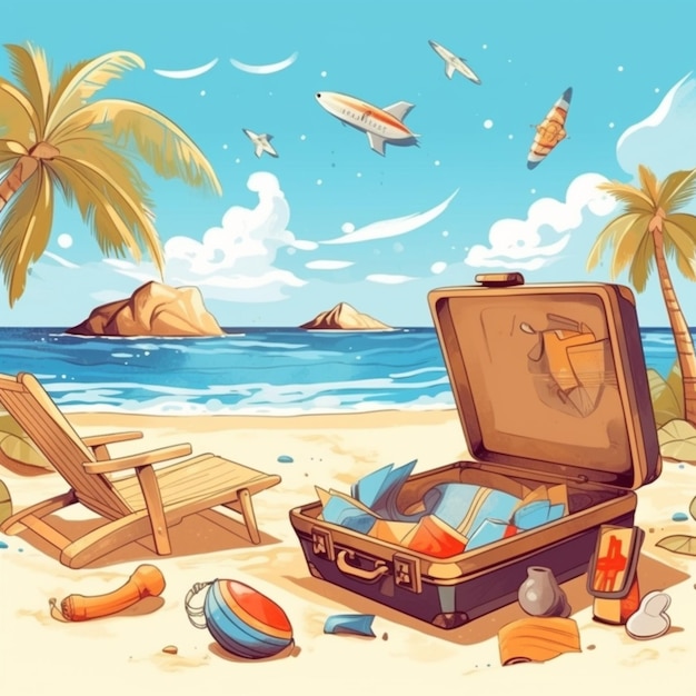 Illustration of a beach with a suitcase and a plane flying in the background