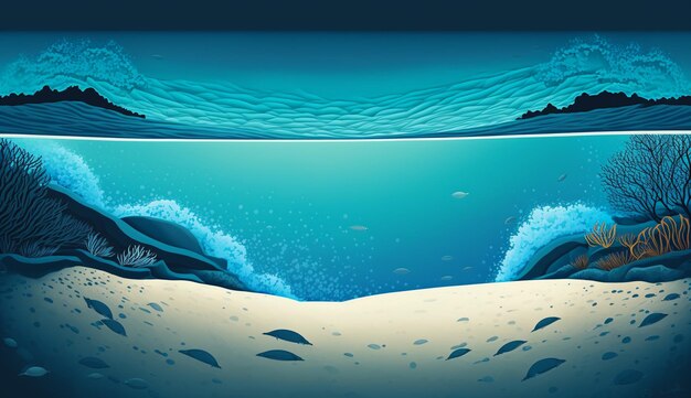 Foto un'illustrazione di una spiaggia con onde e un'onda sul fondo.