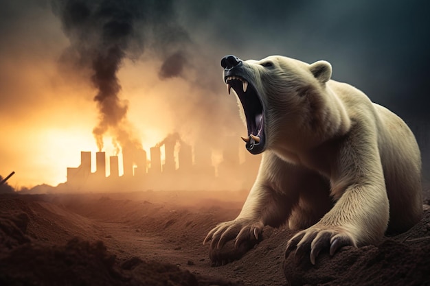 Illustration of a bear in a bad habitat global warming concept digital image by generative AI