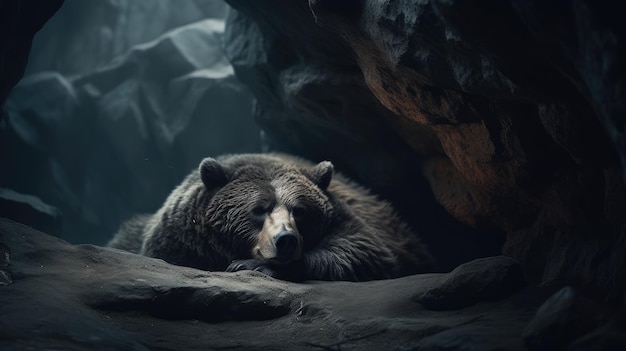 Illustration of a bear hibernating in a cave in the forest