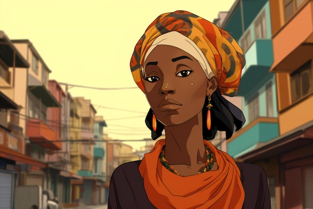 都市の美しいアフリカ系アメリカ人の女性のイラスト