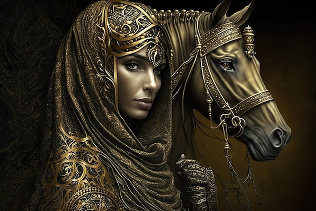 Illustration Beautiful arab woman and Horse Luxury Muslim woman Digital Art