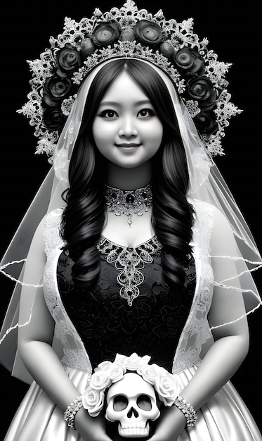彼女の髪に頭蓋骨を持つ美しいアジアの花嫁のイラスト