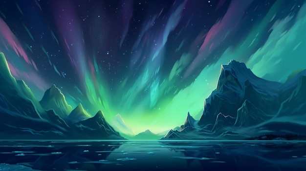 Illustration of a beautiful aurora bore with a mountain and a lake generative ai